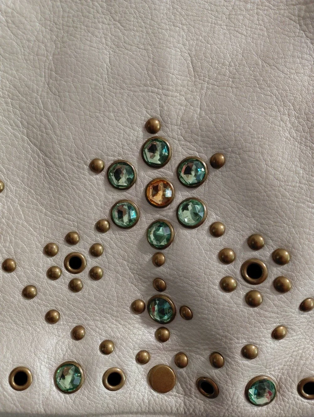Steve Madden Cream Leather Studded Hobo Bag with Green and Amber Gems